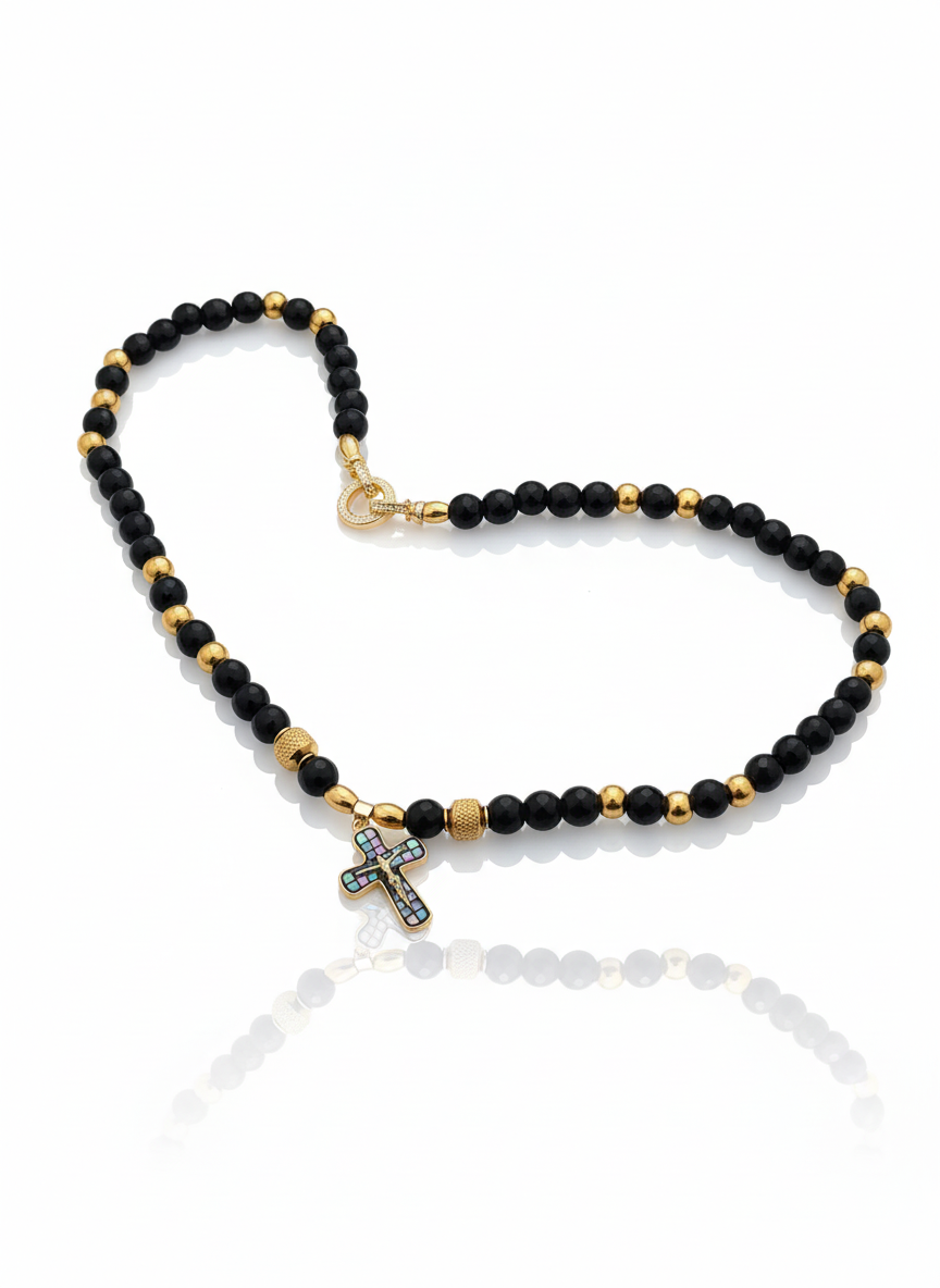 Collana Rosario Uomo Donna con Croce in Madreperla e Perle Nere