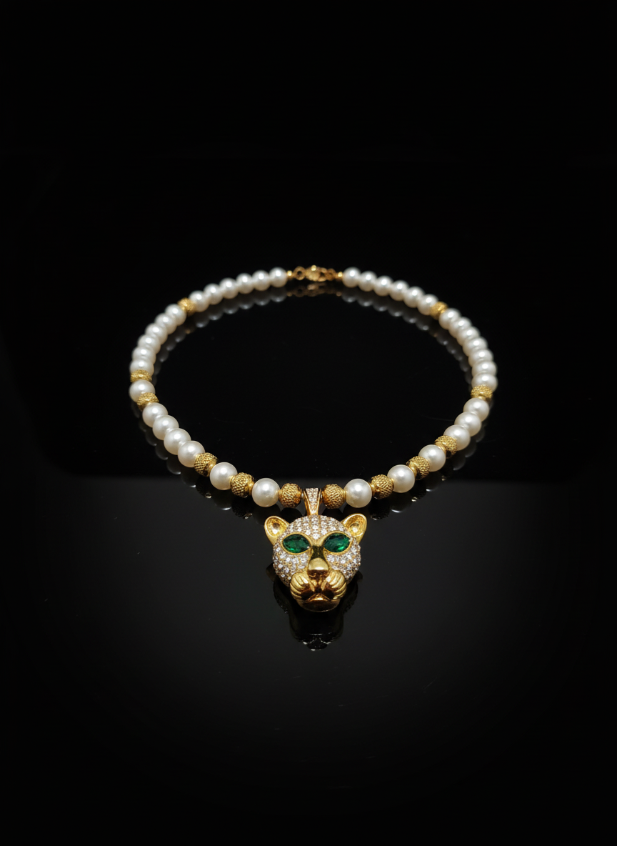 Collana Perle Dorate con Pendente Pantera – Gioiello di Lusso Uomo Donna