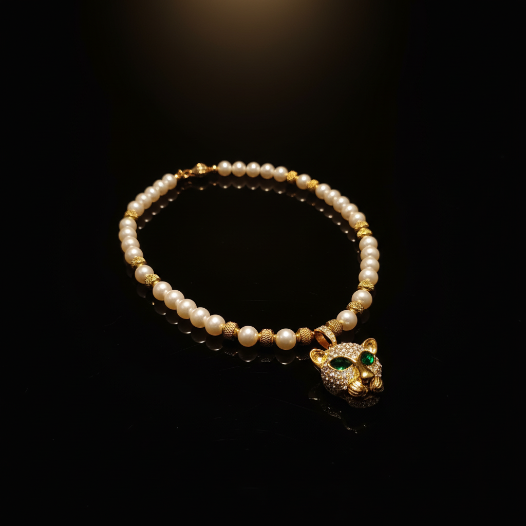 Collana Perle Dorate con Pendente Pantera – Gioiello di Lusso Uomo Donna