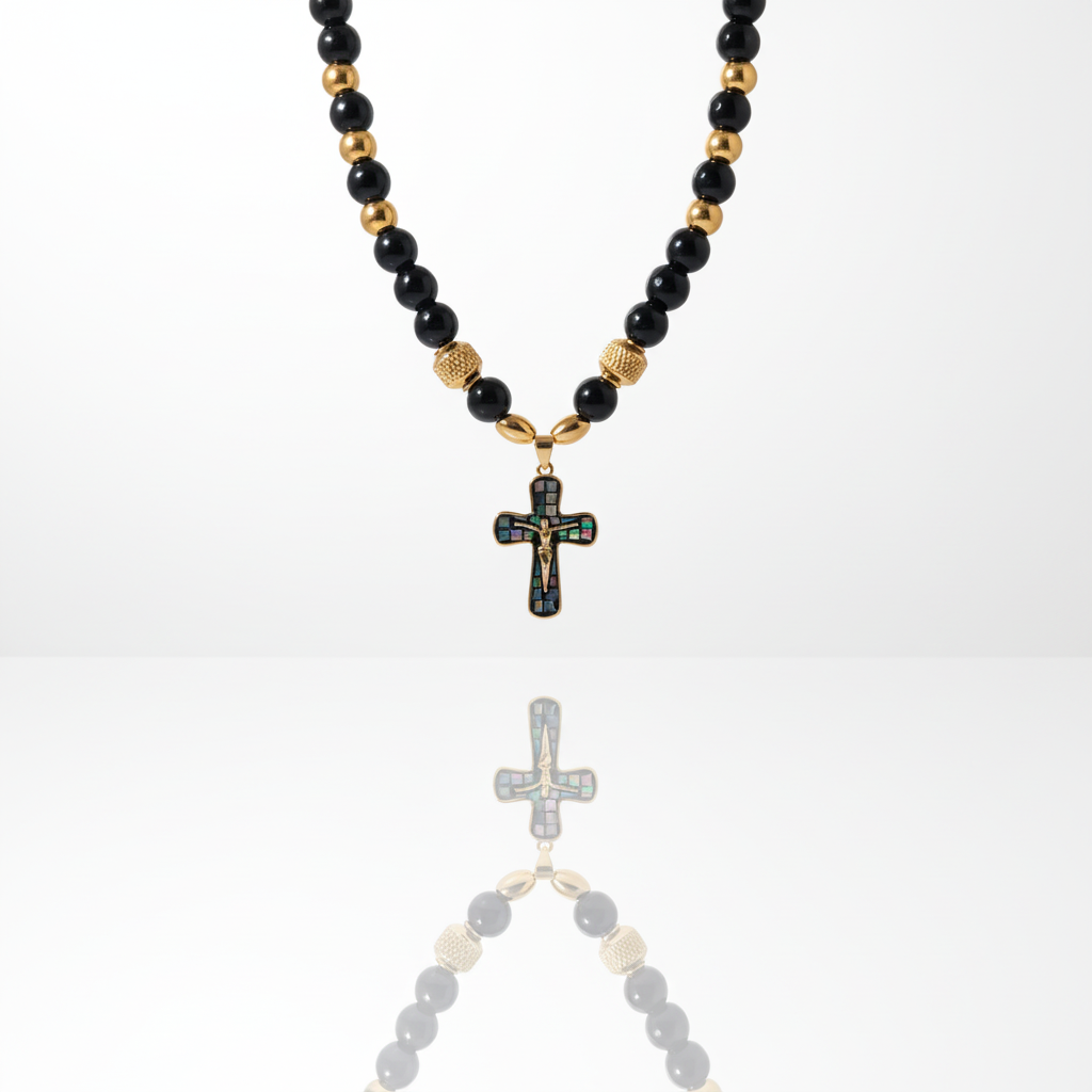 Collana Rosario Uomo Donna con Croce in Madreperla e Perle Nere