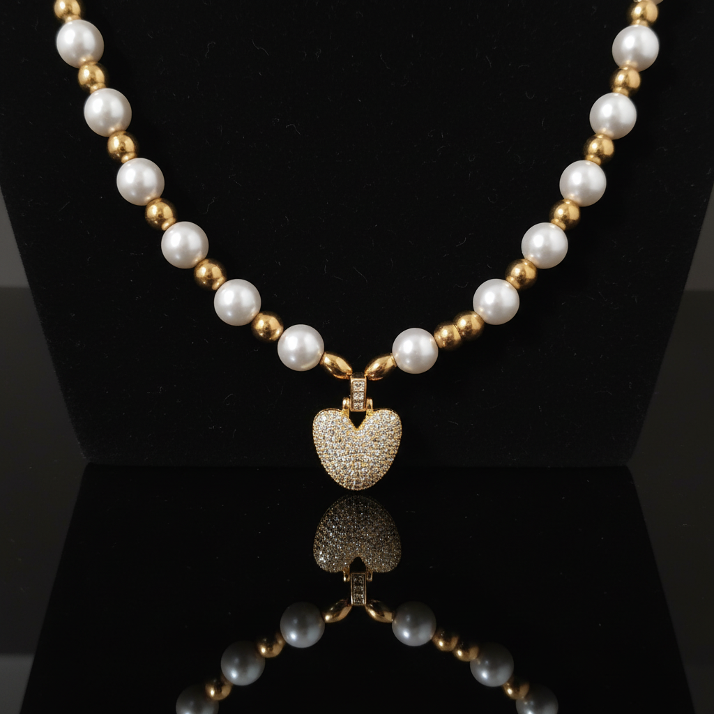 Collana Perle Dorate con Cuore di Cristalli – Gioiello Elegante per Donna