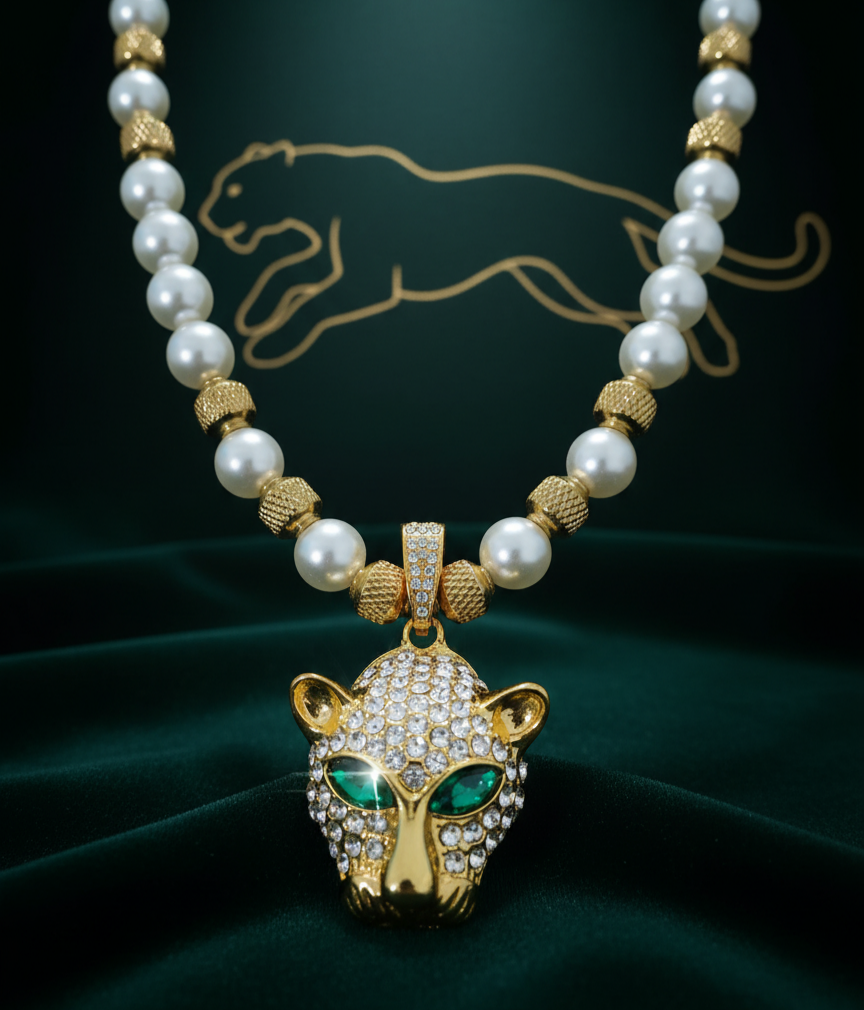 Collana Perle Dorate con Pendente Pantera – Gioiello di Lusso Uomo Donna