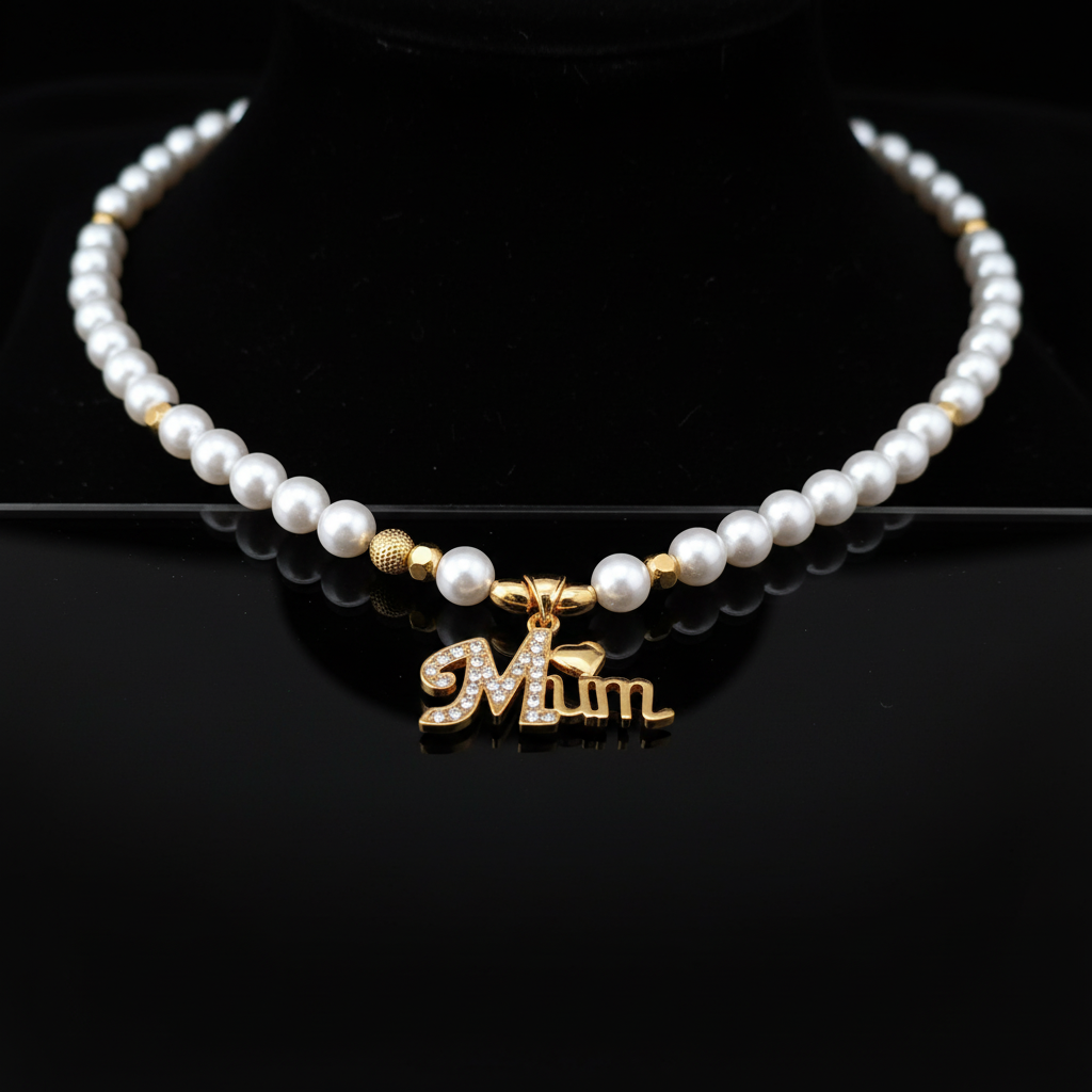 Collana “Mum” con Perle e Ciondolo in Oro – Eleganza e Amore per la Mamma