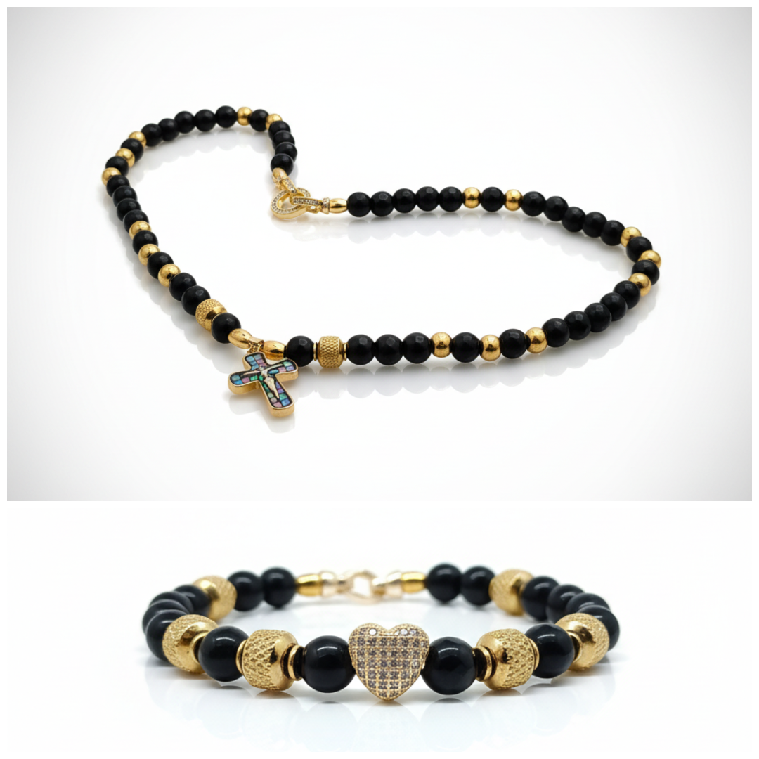 Set “Black Harmony” – Collana e Bracciale con Onice Nero e Dettagli Dorati | Galiano Jewels