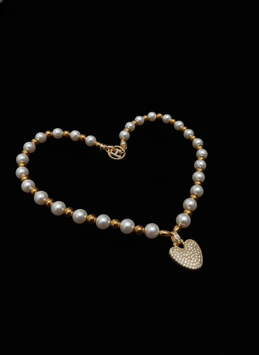Collana Perle Dorate con Cuore di Cristalli – Gioiello Elegante per Donna