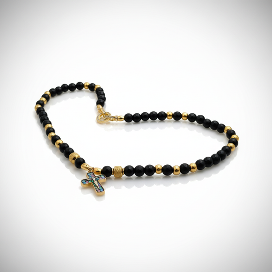 Collana Rosario Uomo Donna con Croce in Madreperla e Perle Nere