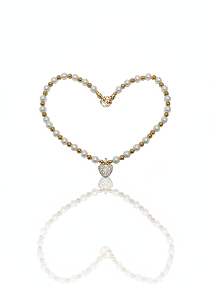 Collana Perle Dorate con Cuore di Cristalli – Gioiello Elegante per Donna