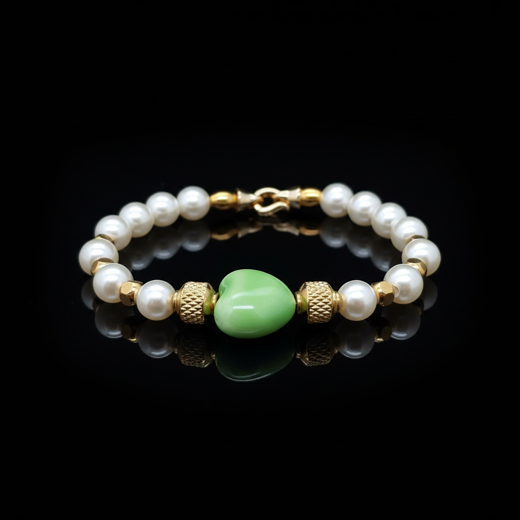 Bracciale Perle Elegance con Cuore Verde e Dettagli Dorati