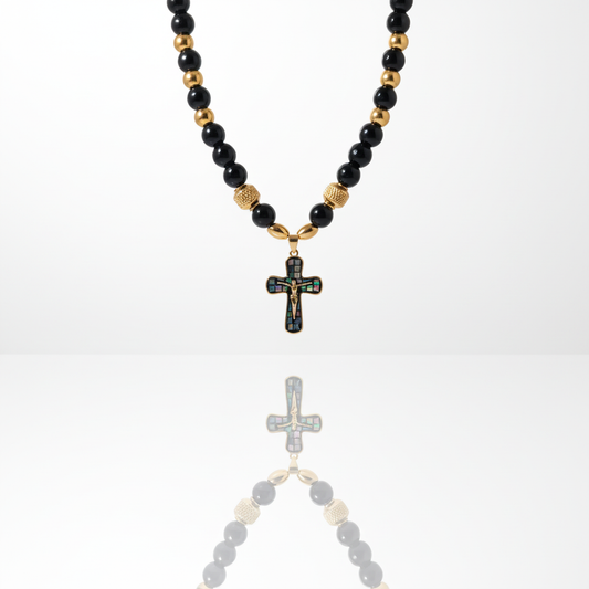 Collana Rosario Uomo Donna con Croce in Madreperla e Perle Nere