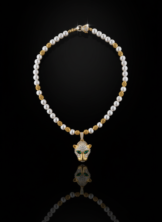 Collana Perle Dorate con Pendente Pantera – Gioiello di Lusso Uomo Donna