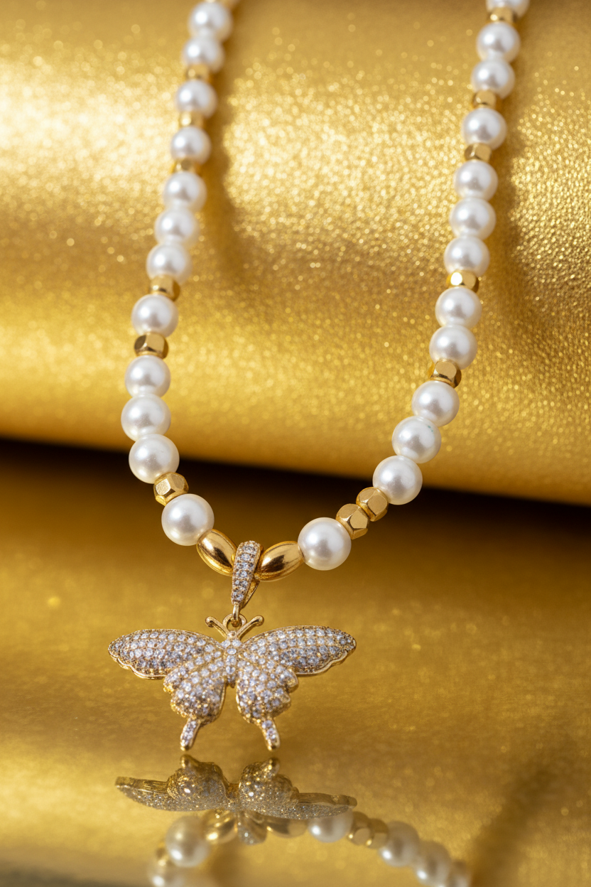 Collana Perle Dorate con Pendente Farfalla in Cristalli – Gioiello Elegante Donna