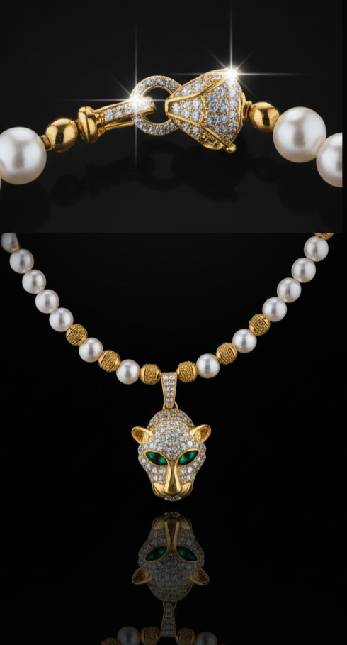 Collana Perle Dorate con Pendente Pantera – Gioiello di Lusso Uomo Donna